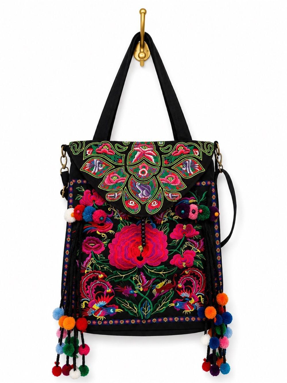 Boho Embroidered Floral & Bird Convertible Tote Backpack w/Pom Pom Tassels NWOT